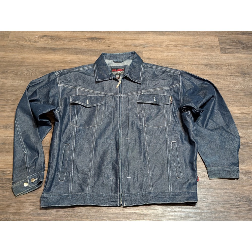 Vintage FUBU Denim Jacket Mens XXXL Dark Wash Zip Up Hip Hop Streetwear Blue